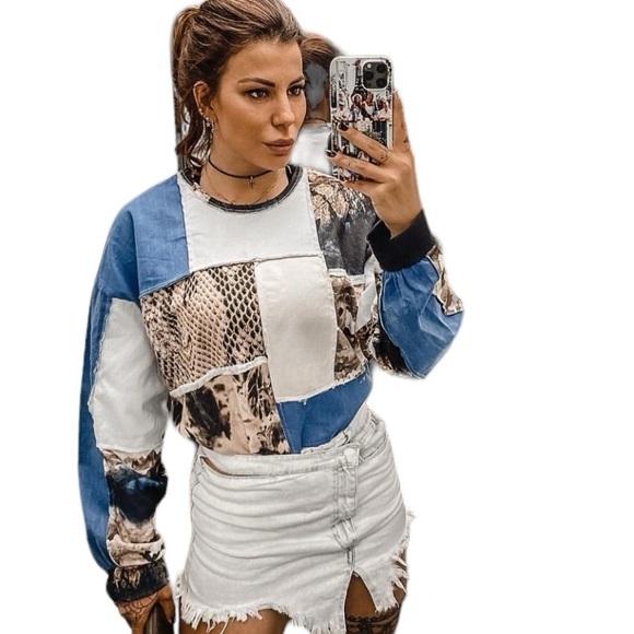 ZARA Patchwork Animal Print Top Women’s Size Medium Boho Retro Loose Fit… - Picture 9 of 11